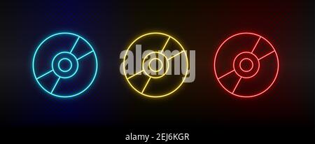 Icona neon Imposta disco. Set di icone vettoriali al neon rosse, blu e gialle Illustrazione Vettoriale