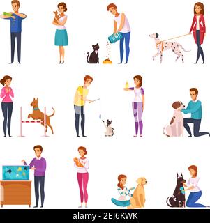 Persone con animali domestici icone isolate insieme di proprietari di addestramento alimentazione giocare a cura dei loro animali domestici e camminare con loro vettore cartoon illustrazione Illustrazione Vettoriale