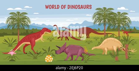 Dino illustrazione con paesaggio selvaggio vista della natura preistorica e. flora con immagini di dinosauro e testo vettoriale Illustrazione Vettoriale