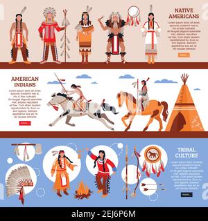 Nativi americani bandiere orizzontali con indiani in abiti nazionali wigwam e elemento di illustrazione vettoriale di cartoni animati di coltura tribale Illustrazione Vettoriale
