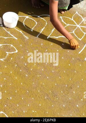 La donna indù indiana attira rangoli tradizionali durante il festival di raccolta pongal o makar sankranti Foto Stock