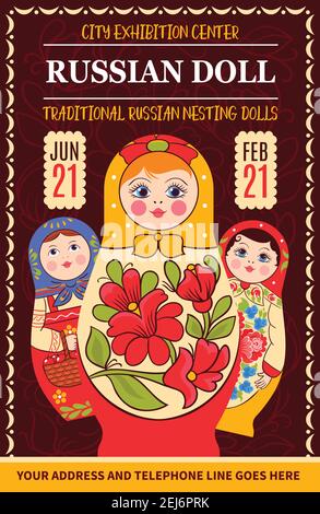 Poster tradizionale russo Matryoshka con cornice decorativa disegnata bambole russe con testo modificabile e illustrazione vettoriale della data Illustrazione Vettoriale