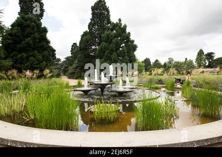 Fontane presso i Giardini Botanici dell'Università di Cambridge in una giornata estiva nuvolosa a Cambridge, Inghilterra, Regno Unito. Foto Stock