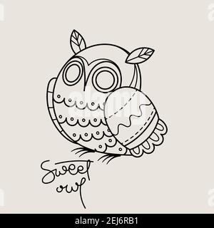 Logo con contorno di gufo dolce. Design con emblema isolato Doodel. Simbolo dell'educazione dei bambini. Illustrazione vettoriale Illustrazione Vettoriale