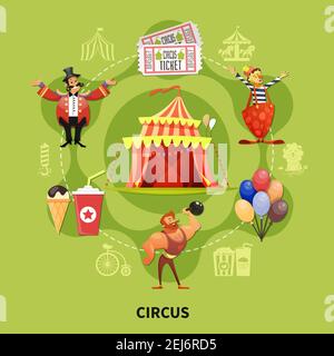 Grande cartoon rotondo colorato circo composizione con i partecipanti che lavorano in l'illustrazione vettoriale dell'arena Illustrazione Vettoriale