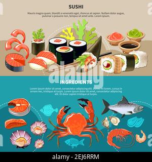 Due striscioni piatti sushi colorati e orizzontali con sushi e le descrizioni degli ingredienti illustrazione vettoriale Illustrazione Vettoriale