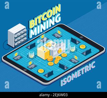 Bitcoin mining composizione isometrica su sfondo blu con hardware, criptovaluta, laptop integrati, blockchain, transazioni, vettore illustrati Illustrazione Vettoriale