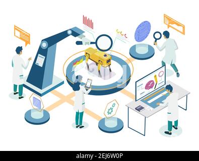 Robot laboratorio ricerca diagramma di flusso isometrico, illustrazione vettoriale. Scienziati che creano robot cane macchina intelligente. Illustrazione Vettoriale