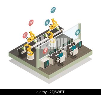 Produzione intelligente industriale intelligente linea di saldatura completamente automatizzata con telecomando illustrazione vettoriale della composizione isometrica delle mani robotizzata controllata Illustrazione Vettoriale