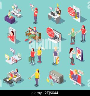Fastidioso annuncio su tv, radio, in internet insieme di icone isometriche isolate su sfondo turchese illustrazione vettoriale Illustrazione Vettoriale