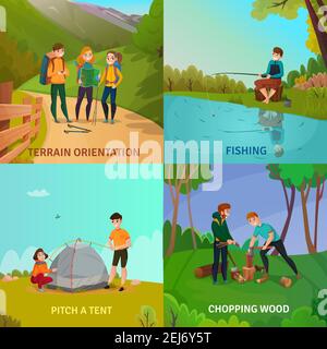 Camping People Concept Set di quattro composizioni quadrate con persone durante le attività di avventura con cartoni animati paesaggio illustrazione vettoriale Illustrazione Vettoriale