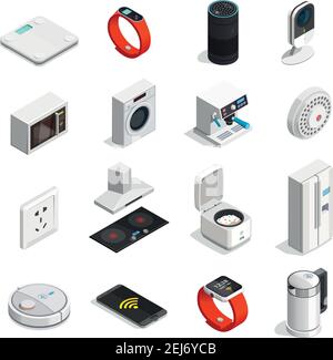 Internet of Things insieme di icone isometriche con connessione wireless, dispositivo mobile, elettrodomestici illustrazione vettoriale isolata Illustrazione Vettoriale