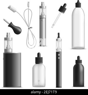 Set realistico Vaping con immagini isolate di fiale di dispositivi di vaporizzazione per l'illustrazione del vettore vape liquid e del filo di carica Illustrazione Vettoriale