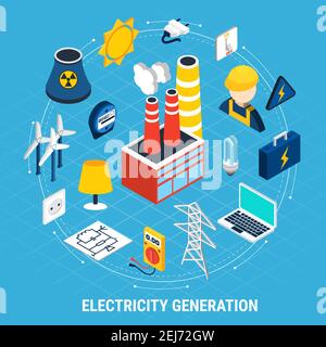 Elettricità composizione isometrica e rotonda con elementi colorati isolati disposti in un'illustrazione vettoriale circolare Illustrazione Vettoriale