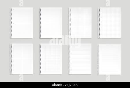 Notebook con linee, punti e griglia quadrata. Mockup vettoriale realistico di notepad con leganti a filo a spirale e carta modello foderata. Modello di fogli di carta vuoti su molle isolate su sfondo grigio Illustrazione Vettoriale