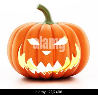 Jack-o'-lanterna (zucca scolpita) isolato su sfondo bianco. Illustrazione 3D. Foto Stock