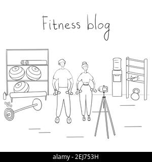 Fitness blog. I formatori registrano video per i loro seguaci. Concetto di allenamento remoto. Gli sportivi si allenano e registrano video sulla fotocamera. Vettore cartoon Illustrazione Vettoriale