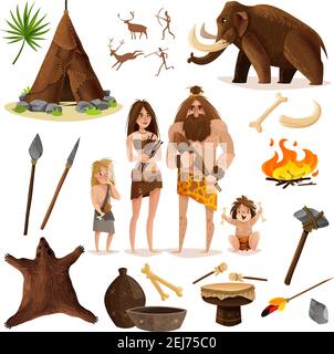 Icone decorative cavemen con arma da capanna per la caccia mammut cartoni animati falò insegne vettore isolato illustrazione Illustrazione Vettoriale