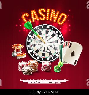 Poster dei giochi realistici con un titolo grande e luminoso sfondo scuro elegante con dardo di carte e vettore roulette illustrazione Illustrazione Vettoriale