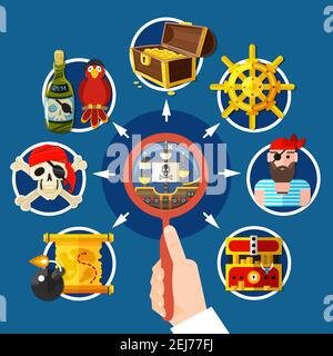 Pirateria ricerca composizione cartoon con lente di ingrandimento in mano, attributi pirati su sfondo blu scuro illustrazione vettoriale Illustrazione Vettoriale