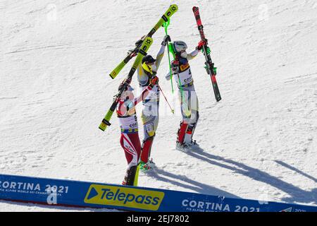 Cortina (BL, Italia. 21 Feb 2021. Cortina (BL), Italia, Druscie, 21 febbraio 2021, Podio durante i Campionati mondiali DI SCI alpino 2021 - Slalom - uomini - gara di sci alpino Credit: Sergio Bisi/LPS/ZUMA Wire/Alamy Live News Foto Stock