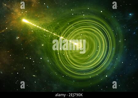 Wormhole o buco nero, tunnel a forma di imbuto che può collegare un universo con un altro. Curvatura tempo spazio, illustrazione 3D Foto Stock