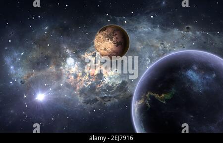 Exopianeti o pianeti extrasolari con stelle su sfondo nebula, 3D illustrazione Foto Stock