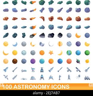 100 set di icone astronomiche. Illustrazione cartoon di 100 icone astronomiche vettore insieme isolato su sfondo bianco Illustrazione Vettoriale