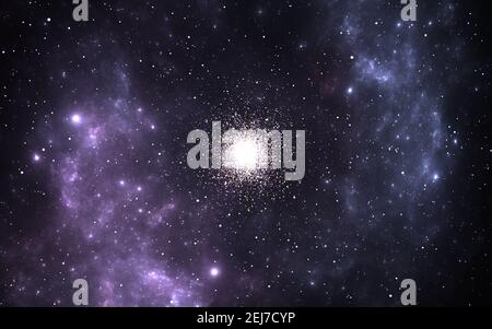 Cluster globulare, collezioni sferiche di stelle antiche che orbita un nucleo galattico. Illustrazione 3D Foto Stock