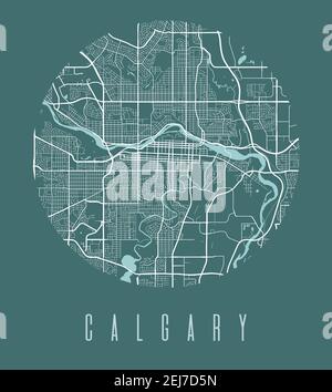 Poster della mappa di Calgary. Mappa decorativa della città di Calgary. Paesaggio urbano aria panorama silhouette vista aerea, stile tipografico. Terra, fiume, altipiano Illustrazione Vettoriale