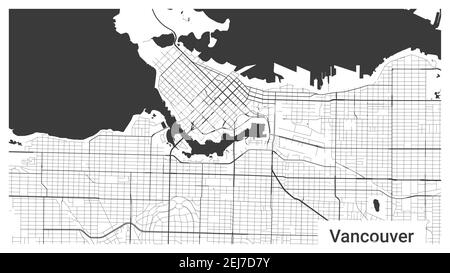 Mappa della città di Vancouver, British Columbia, Canada. Sfondo orizzontale cartellone in bianco e nero terra, strade e fiumi. 1920 1080 proporzioni. Roy Illustrazione Vettoriale