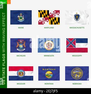 Serie di bandiere di stato USA con effetto ondulato, bandiera nazionale con texture. Bandiera vettoriale DEGLI Stati UNITI di Maine, Maryland, Massachusetts, Michigan, Minnesota, Mi Illustrazione Vettoriale