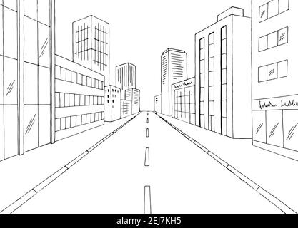 Città strada grafica nero bianco disegno città disegno vettore illustrazione Illustrazione Vettoriale