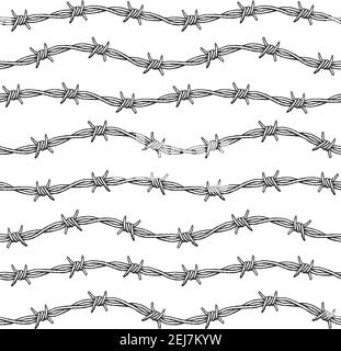 Un modello vettoriale senza giunture con filo spinato. Illustrazione in bianco e nero con tratti ruvidi. Illustrazione Vettoriale