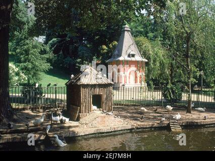 ESTANQUE Y CASETA CON PATOS CON PALOMAR AL FONDO. LOCALITÀ: PARQUE DE LA FUENTE DEL BERRO. MADRID. SPAGNA. Foto Stock