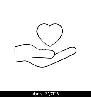 Icona della linea del cuore e della mano. Simbolo volontario. Vettore isolato sul bianco. Illustrazione Vettoriale