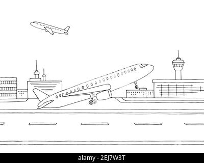 L'aereo esterno dell'aeroporto prende il via dall'illustrazione grafica dello schizzo in bianco nero vettore Illustrazione Vettoriale