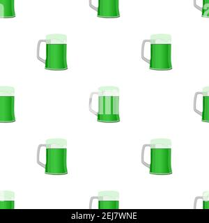 Illustrazione festa irlandese giorno di San Patrizio, birra a colori senza cuciture in tazza. Il giorno di San Patrizio si compone di molte tazze di birra identiche su sfondo bianco Illustrazione Vettoriale