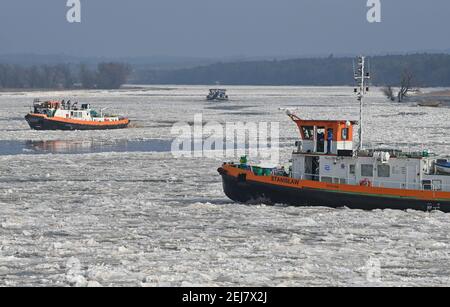 Schwedt, Germania. 18 Feb 2021. Un tedesco (M) e due rompighiaccio polacchi navigano sul fiume di confine tedesco-polacco Oder. La deriva del ghiaccio causa il crescente pericolo di inondazioni su alcune parti del fiume Odra. Credit: Patrick Pleul/dpa-Zentralbild/ZB/dpa/Alamy Live News Foto Stock