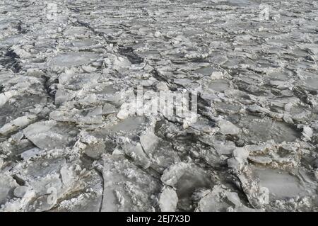 Schwedt, Germania. 18 Feb 2021. I galleggianti di ghiaccio sul fiume di confine tedesco-polacco Oder si sono congelati insieme. Il ghiaccio in deriva aumenta il rischio di allagamento in alcune sezioni dell'Oder. Credit: Patrick Pleul/dpa-Zentralbild/ZB/dpa/Alamy Live News Foto Stock