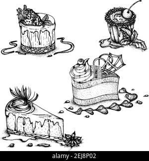 Illustrazione dell'inchiostro con disegno a mano del vettore. Una serie di diversi tipi di dessert con frutta. Illustrazione monocromatica isolata su sfondo bianco Illustrazione Vettoriale