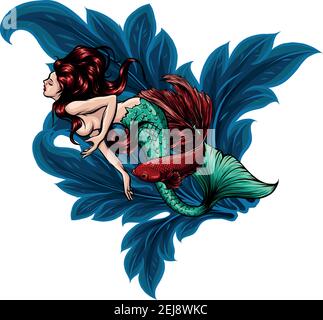 Bellezza blu capelli sirena sirena illustrazione vettoriale Illustrazione Vettoriale