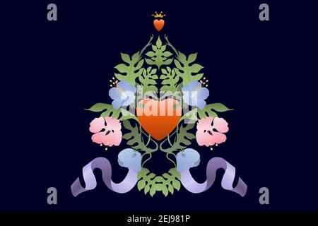 Cuore decorato con fiori e foglie, corona dorata sulla parte superiore, nastro lilla. Illustrazione Vettoriale