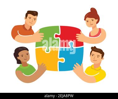 Concetto di lavoro di squadra con puzzle. Concetto aziendale. Illustrazione vettoriale cartoon Illustrazione Vettoriale