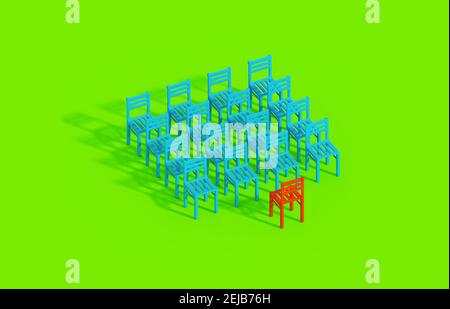 Relatore di fronte a un'idea di concetto del pubblico. Illustrazione 3D luminosa e minimalista. Camera vuota con sedie. Foto Stock