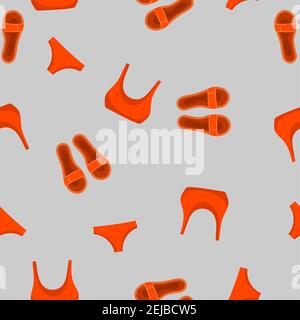 Modello estivo senza cuciture con costumi da bagno, infradito su sfondo grigio. Immagine vettoriale piatta di stoffa e scarpe colorate da donna. Design di moda Illustrazione Vettoriale