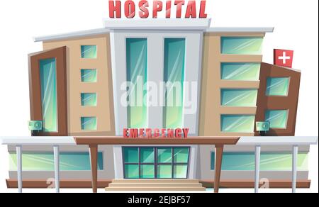 Edificio ospedaliero in stile cartoon vettoriale isolato su sfondo bianco. Illustrazione Vettoriale