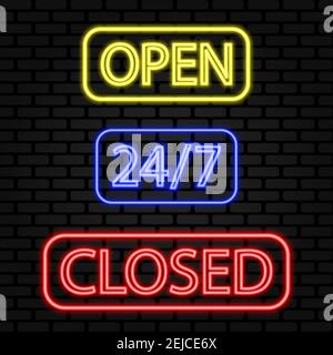 cartelli al neon aperti, chiusi, 24 ore su 24 per caffè, ristoranti, bar, negozi e altre strutture. eps 10 Illustrazione Vettoriale