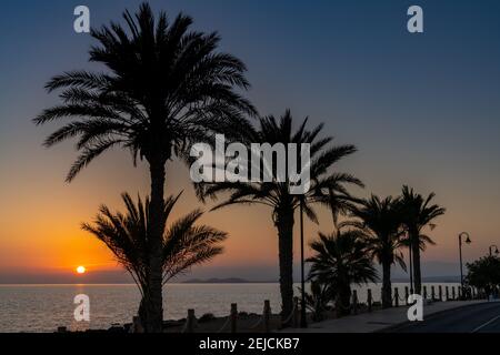 Tramonto colorato sull'oceano con palme in silhouette e un marciapiede sul fronte spiaggia e una strada fronte oceano Foto Stock