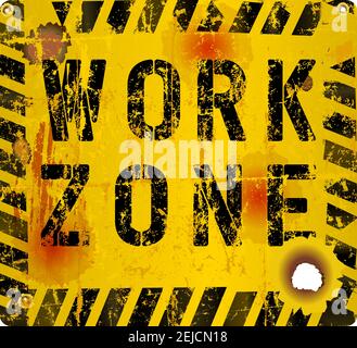 segno della zona di lavoro, usurato e grugnoso, illustrazione vettoriale scalabile, grafica fittizia Illustrazione Vettoriale